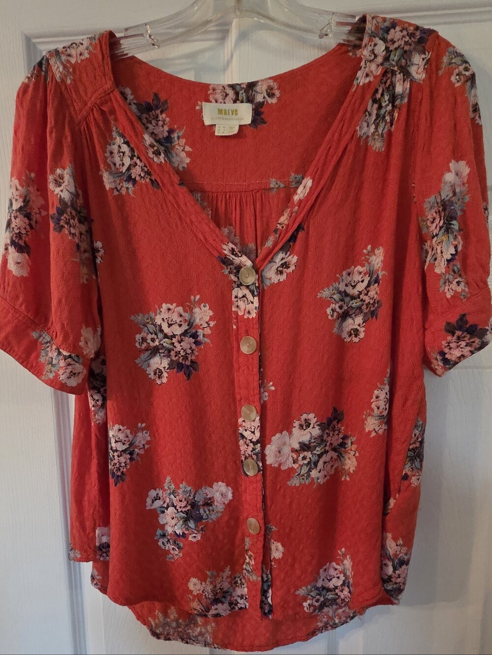 Maeve By Anthropologie Hansley Red|orange Boho Floral Puff Sleeve Blouse  Size 8